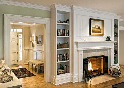 Modern interpretation of the farmhouse in the beautiful Berkshire woods Fireplace Bookcase, Living Room New York, Fireplace Bookshelves, Fireplace Built Ins, Bookcase Design, Foyer Design, Faux Fireplace, Fireplace Remodel, Up House