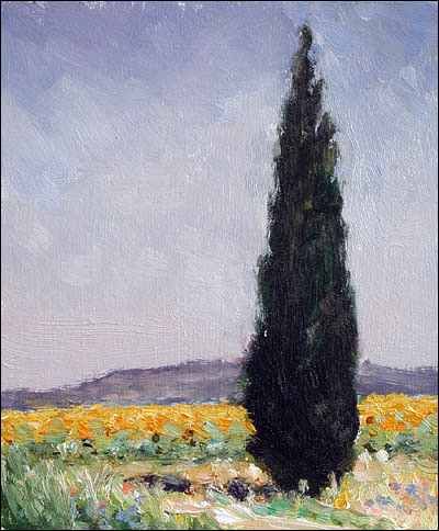 Sunflowers and Cypress Tree  12 x 14 cm, , oil on card Painting status: SOLD  Daily painting for Monday 4 July, 2005 Cypress Tree Painting, Paintings Sunflowers, Card Painting, Art Tree, Cypress Trees, Sky Painting, Z Arts, Daily Painting, Beautiful Tile