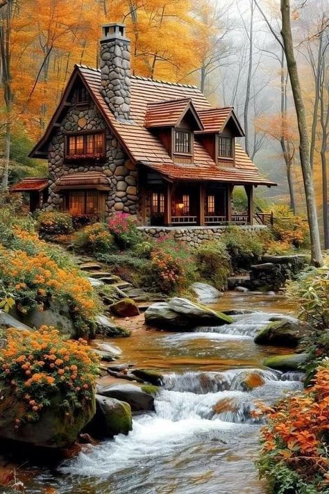 I could stay here forever!! 🍂🧡🍁 Pictures Of Houses Image, Creekside Cabin, House By The River, Dream House Pictures, Smaller Homes, Log Cabin Rustic, Cottage Painting, River Cabin, Cabin Art