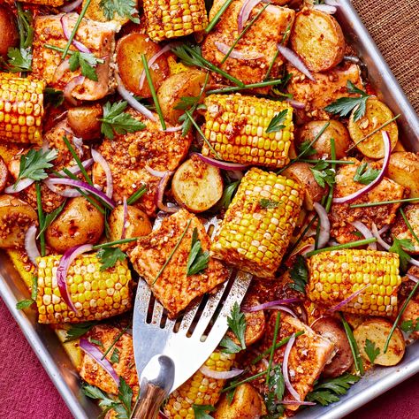 Spiced Salmon With Potatoes and Corn Recipe | Bon Appétit Corn Boil, Salmon With Potatoes, Recipe With Potatoes, Spiced Salmon, Potatoes And Corn, Sheet Pan Salmon, Pan Salmon, Salmon Spices, Pan Fried Salmon