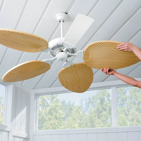 Love the look of a tropical ceiling fan but don't want to buy a whole new fixture? Now you can get the look of a palm leaf ceiling fan just by covering your standard fan blades with these palm blades! Beach Ceiling, Ceiling Fan Blade Covers, Tropical Ceiling Fans, Leaf Ceiling, Decorative Ceiling Fans, Popular Interior Design, Florida Room, Tropical Home Decor, Diy Ceiling