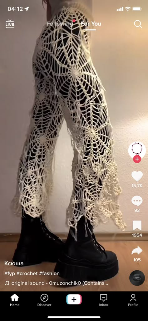 Transforming Tshirts Diy, Spiderweb Pants Crochet Pattern, Witch Aesthetic Crochet, Crochet Skull Trousers, Crochet Goth Clothes Pattern, Crochet Rib Cage Pattern, Spider Web Pants Crochet, Unique Pants Women, Crochet Spiderweb Pants