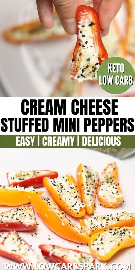 These Cream Cheese Stuffed Mini Peppers are a perfect appetizer for parties and weekend gatherings. The peppers are filled with cream cheese and topped with Everything Bagel Seasoning for an irresistible keto snack! via @lowcarbspark Keto Mini Peppers, Keto Sweet Peppers With Cream Cheese, Cream Cheese Vegetables, Green Pepper Dip Cream Cheese, Peppers With Cream Cheese And Everything Bagel Seasoning, Keto Stuffed Peppers Cream Cheese, Everything Bagel Peppers, Pepper Cream Cheese Everything Bagel, Keto Stuffed Mini Sweet Peppers