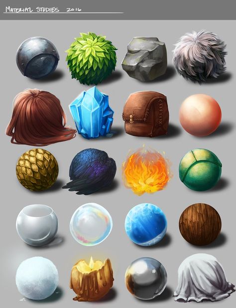 "Material Studies" - by Mell Variety of materials/textures. Material Studies, Idle Game, Game Textures, Texture Drawing, Hand Painted Textures, Digital Painting Tutorials, Materials And Textures, Environment Concept Art, Digital Art Tutorial