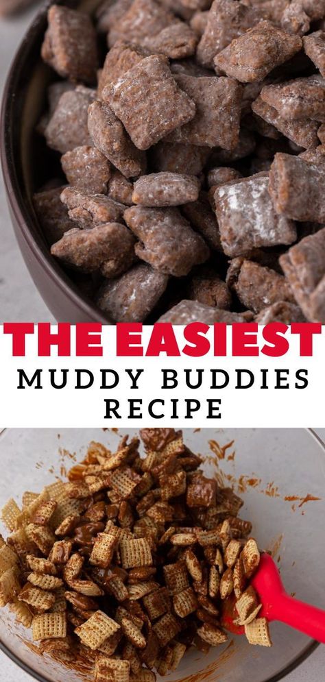 These easy muddy buddies are a traditional recipe to make on Christmas. Perfect to serve for a crowd or just to enjoy with family over a Christmas move. They are made with Chex cereal, melted chocolate, peanut butter, and vanilla. They are then coated with a generous layer of powdered sugar for the best finish. Pop them in the fridge an enjoy them cold for an extra crunchy and sweet treat. These are also called puppy chow, reindeer chow or monkey munch. Monkey Munch, Reindeer Chow, Muddy Buddies Recipe, Muddy Buddy, Muddy Buddies, Holiday Favorite Recipes, Puppy Chow, Chex Mix, Melted Chocolate