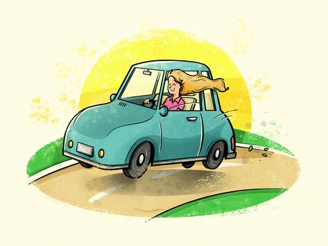 Car Driving Illustration, Car Driving Drawing, Cute Car Illustration, Driving Drawing, Car Illustration Art, Car Cartoon Illustration, Driving Illustration, Drive Drawing, Woman Driving Car