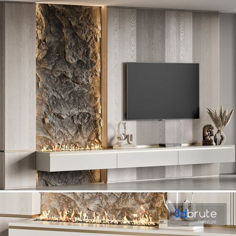 Tv Unit Stone Design, Tv Stone Wall Design, Texture Tv Wall, Tv Cabinate Design, Tv Stone Wall, Stone Tv Unit, Man Cave Tv Room, Tv Wall Fireplace, Tv Wall With Fireplace