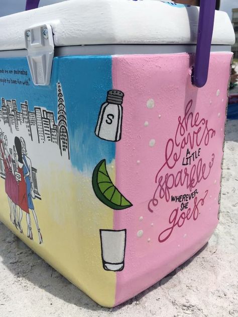 tequila shot cooler corner Cute Cooler Ideas, Custom Cooler Ideas, Painted Cooler Corners, Frat Cooler Corner Ideas, Tequila Frat Cooler, Sorority Cooler Ideas, Brozarks Cooler Ideas, Painted Cooler Ideas, Vegas Frat Cooler