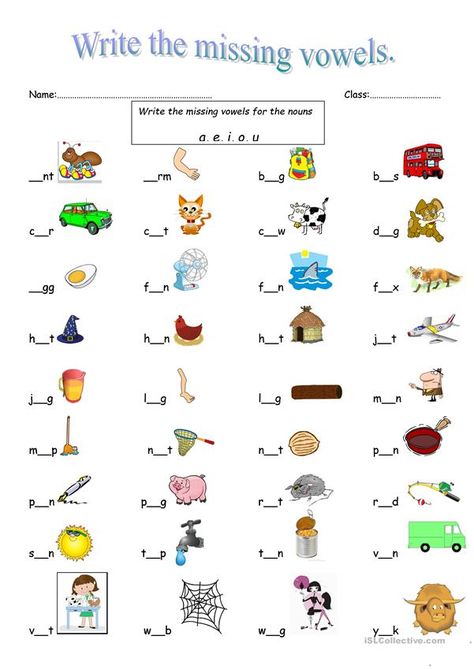 English Worksheet For Class 1 Vowels, One Many English Worksheet, Missing Vowels Worksheet Free, Missing Vowel Worksheet, Vowels Worksheet, Vowel Practice, Cvc Words Kindergarten, English Worksheets For Kindergarten, Kindergarten Phonics Worksheets