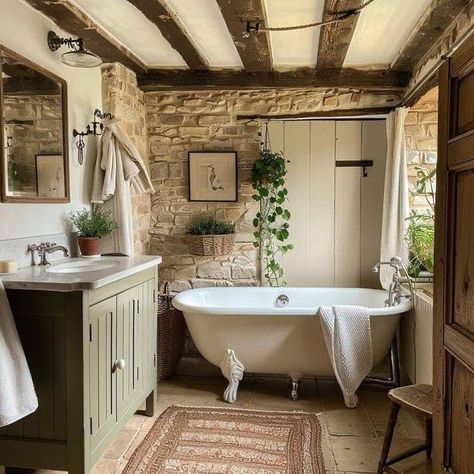 Farmhouse Bathrooms, Clawfoot Tubs, Country Cottage Farmhouse, Charming Farmhouse, Stone Walls, Cottage Farmhouse, Exposed Beams, French Country Cottage, Rustic Elegance