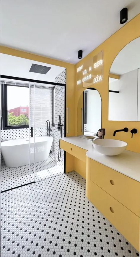 TOP 10 Projects with DOTS mosaic tile! - Hisbalit Boutique Bathroom, Black And White Tiles Bathroom, Deco Bathroom, Yellow Wall, Yellow Bathrooms, Bathroom Inspiration Decor, Container House Design, Yellow Walls, Mosaic Flooring