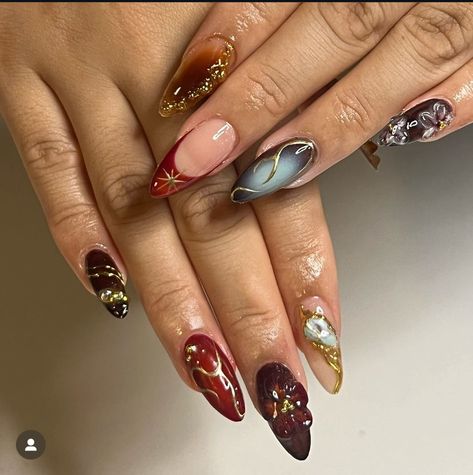 Autumn Aura Nails, Funky Nails Fall, Monarch Nails, Md Nails, Y2k Designs, French Manicures, Boho Nails, November Nails, Simple Gel Nails