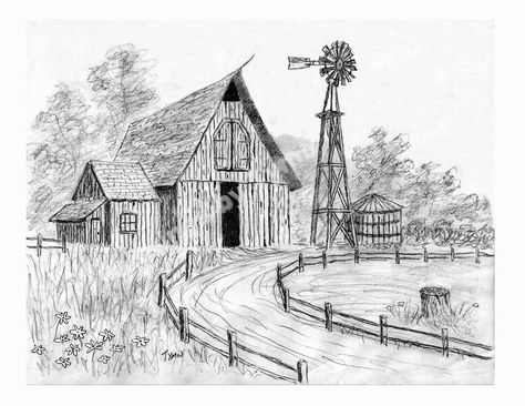 The subject is a country scene of an old barn with a windmill and a road leading up to the barn. This is a pencil sketch rather than a painting.  This print was created from my original acrylic painting. It shows the barn, trees , the windmill and the road. Best resolution is obtained from producing an 8 x 10 print. Your digital download will have the watermark removed. Please Note! This is an INSTANT DIGITAL DOWNLOAD                         No hard copy print will be shipped to you. Windmill Drawing, Barn Drawing, Beginner Wood Burning, Drawing Scenery, Farmhouse Paintings, Old Windmills, Country Scenes, Best Resolution, Old Barns