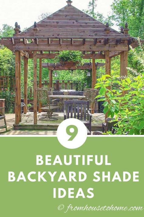 I love these outdoor shade ideas for my backyard. The DIY shade canopies are so simple to make, look beautiful and will keep your deck or patio cool in the summer sun. #fromhousetohome #shadeideas #gazebo #pergola #deckstructures #gardenideas #patiosanddecks #shadestructures #gardenstructures Diy Backyard Shade Ideas, Diy Backyard Shade, Outdoor Shade Ideas, Backyard Shade Ideas, Diy Patio Ideas, Diy Patio Cover, Deck Or Patio, Shade Ideas, Backyard Shade