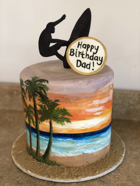 Surfer/Beach themed cake Surfing Cake Ideas, Surfer Birthday Cake, Surfer Cake Ideas, Surf Cake Ideas, Birthday Cake Beach Theme, Surfing Cake, Surfer Cake, Kids Beach Party, Beach Birthday Cake