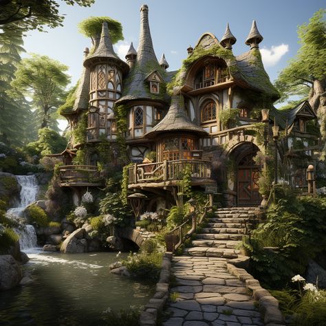 Fantasy Homes Exterior, Fantasy House Exterior, Enshrouded Build, Elf Architecture, Fairy Mansion, Fantasy House Concept, Elven Village, Coaster Inspiration, Fantasy Builds