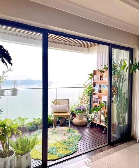 Glass Door For Balcony, Pastel Balcony, Terrace Layout, Glass Balcony Ideas, Big Balcony Ideas, Balcony Designs, Skip It, House Balcony Design, Terrace Decor