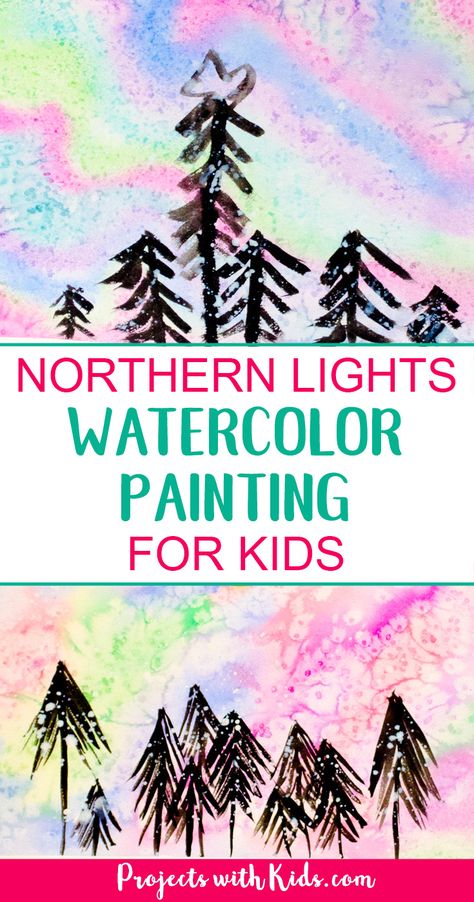 Create a beautiful northern lights watercolor painting using easy watercolor techniques that kids will love experimenting and having fun with! #watercolorpainting #artprojectsforkids #northernlights #projectswithkids Northern Lights Art Project, Northern Lights Watercolor Painting, Northern Lights Watercolor, Northern Lights Art, Winter Art Projects, Painting Activities, Easy Art Projects, Watercolor Projects, Winter Crafts For Kids