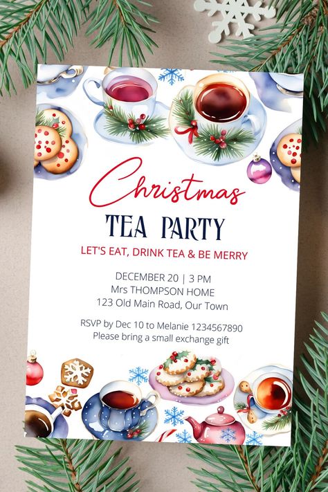 Christmas tea party template invitation instant download watercolor tea cups and sauces cookies snow Christmas Tea Party Invitations Printable, Christmas Tea Invitations Free, Christmas Tea Party Invitations, Christmas Tea Set, Christmas Afternoon Tea Ideas, Yule Tea, Tea Party Template, Christmas Tea Party Ideas, Christmas High Tea