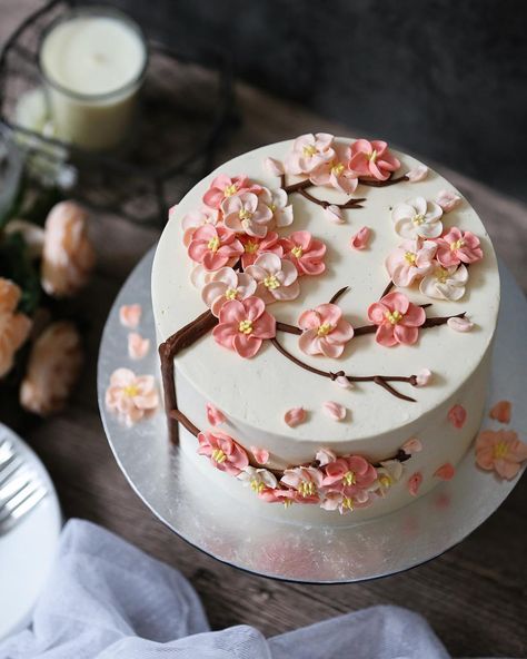 So here I am staring at my sakura themed cake while so many of my friends are in Japan, looking at the real thing in full bloom! Well, I guess I just have to make do with this now. Sakura Cake Design, Sakura Cake, Chinese New Year Cake, Cake Pic, New Year's Cake, Spring Cake, Decorating Cakes, Pastry Art, Make Do