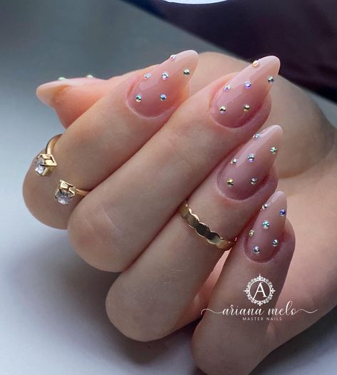 Beauty Hacks Nails, Classy Acrylic Nails, Gem Nails, Glam Nails, Neutral Nails, Elegant Nails, Pretty Acrylic Nails, Chic Nails, Rhinestone Nails