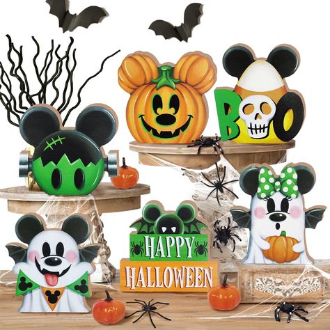 PRICES MAY VARY. Halloween Tiered Tray Decorations Set: Our Halloween tiered tray decor includes 13 pcs different style wooden signs: 1 x cartoon mouse ghost sign, 1 x cartoon mouse ghost holding a pumpkin sign, 1 x mouse shaped Jack O Lantern pumpkin sign, 1 x cartoon mouse shaped sign, 1 x "Boo" egg sign, 1 x "HAPPY HALLOWEEN" bat sign, 3 x spider decor, 3 x orange pumpkin decor, 1 x spider web. The Halloween tray decor will give you a funny atmosphere on Halloween. The tiered tray is NOT incl Decor For Table, Halloween Table Centerpieces, Halloween Tiered Tray Decor, Green Ghost, Jack O Lantern Pumpkin, Rustic Table Decor, Mickey Mouse Halloween, Halloween Table Decorations, Signs Funny