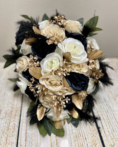 Juannashia Gold Ivory Black Green Bundle | Black bouquet, Green wedding bouquet, Gold wedding bouquets Black White Gold Flower Arrangements, Black Gold And Beige Wedding, Black White And Gold Flower Bouquet, Black Gold And Cream Wedding, Black And Gold Themed Wedding, Black And Gold Wedding Bridesmaids, Black And Gold Flower Arrangements, Black Gold And Green Wedding, Black Gold Bouquet