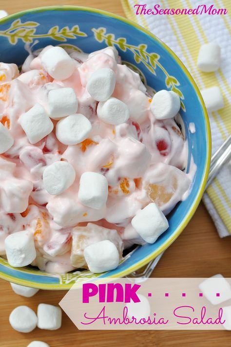 Pink Ambrosia Salad comes together in about 5 minutes and is a perfect side dish or light dessert for Valentine's Day! The Seasoned Mom, Ambrosia Salad, Light Desserts, Fruit Dishes, Dessert Salads, Easter Dessert, Party Foods, Easter Brunch, Fruit Recipes