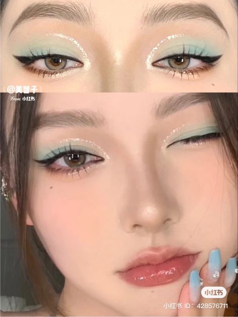 Sweet And Cool Makeup, Top Lid Only Makeup, Blue Makeup Looks Asian, Formal Makeup Colorful, Asian Makeup Inspiration, Cute Kpop Makeup, Concert Makeup Kpop, Sage Green Douyin Makeup, Korean Makeup Colorful