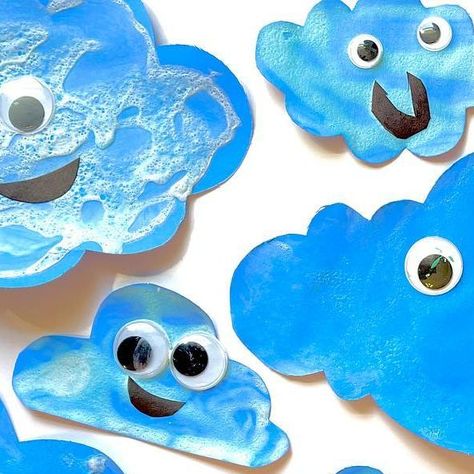 Amy on Instagram: "One last cloud post before I’m done wrapping up March and can move onto April! We mixed up some cloud paint (shaving cream + white paint), slathered it on, added eyes and mouths (some opted for 👀 only) and made the CUTEST clouds! Most of my older class cut their own mouths and they’re just the best. 😍 #preschool #prek #preschoolactivities #prekactivities #prekart #preschoolart" Cloud Painting Preschool, Clouds Craft Preschool, Spring Weather Crafts For Toddlers, Cloud Activities For Toddlers, Preschool Cloud Activities, Cloud Crafts For Toddlers, Sky Crafts For Kids, Cloud Activities For Preschool, Cloud Craft Preschool