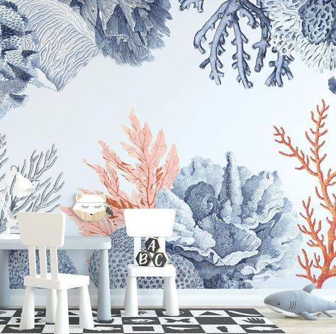 Watercolour Coral, Coral Reef Wallpaper, Reef Wallpaper, Ocean Themed Room, Watercolor Coral Reef, Ocean Themed Rooms, Ocean Themed Bedroom, Ocean Themed Nursery, Pastel Blue Background