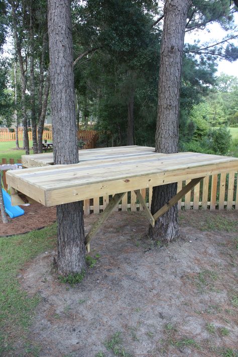 Tree Deck Platform, Deck Around Trees, Simple Tree House, Tree Deck, Kids Backyard Playground, Backyard Kids Play Area, Backyard Trees, Tree House Plans, Tree Fort