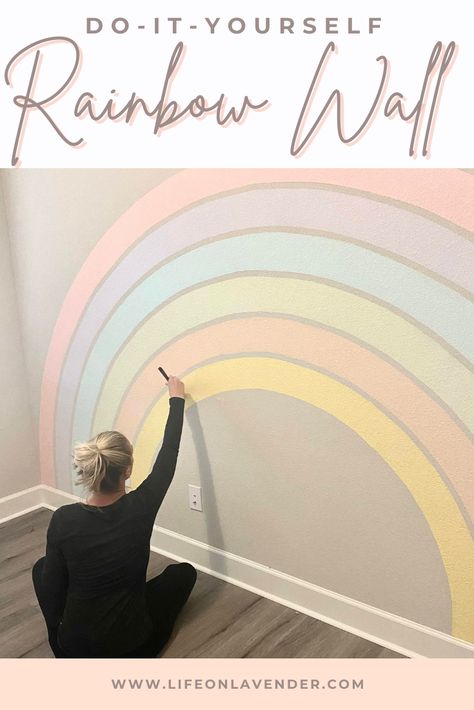 Bright Rainbow Bedroom, Paint Your Own Wall Mural, Diy Boho Rainbow Wall Mural, Diy Wall Rainbow, Diy Rainbow Paint Wall, Diy Sunset Wall, Bright Playroom Ideas, Boho Rainbow Accent Wall, Wall Decor For Playroom