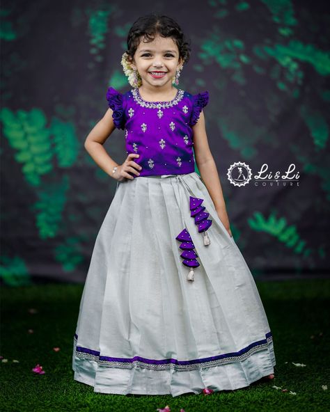 Shop now @liandlicouture WhatsApp / Call us @ 9500807667 Kerala Dress, Pattu Pavadai, Dress Models, Kids Dress Wear, Purple And Silver, Whatsapp Call, Traditional Wear, Girl Dresses