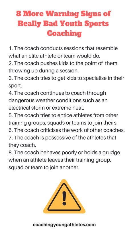 Title: 8 More Warning Signs Of Really Bad Youth Sports Coaching by coachingyoungathletes.com Good Coach Vs Bad Coach Quotes, Coaching Sports, Coaching Youth Sports, Coaching Tips, Sports Coach, Coach Quotes, High School Sports, The Warning, Youth Sports