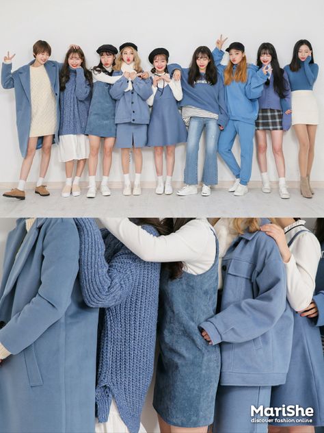 Korean Similar Fashion - Official Korean Fashion Blue Outfit Moodboard, Blue Outfit Korean, Korean Fashion Blue, Fashion Week Outfit Ideas, Family Potrait, Class Photo, Mode Ulzzang, Korean Fashion Ideas, Fashion Week Outfit