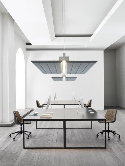 The Diade suspensions are technical lighting solutions that offer high levels of sound absorbing performance. A linear LED lamp for the workplace; a modular architectural feature capable of defining space and personalizing the context. The technical LED lighting, ideal for work, is directly downward and upwards by the central line, with the possibility of two beams, depending on lighting requirements.   #luceplan #design #lighting #lightingdesign #lightingsolution #light #interiordesign Minimalist Office Design, Minimal Office, Minimalist Office, Italian Lighting, Inside Design, Sound Absorbing, White Paneling, Suspension Lamp, Architectural Features