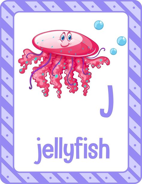 Alphabet flashcard with letter J for Jellyfish J For Jellyfish, J Is For Jellyfish, Vector Alphabet, English Project, English Projects, Letter N Words, Letter J, Math For Kids, The Alphabet