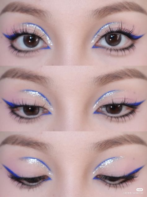 Blue Cat Makeup, Blue Stage Makeup, Holographic Eye Makeup, Blue And Purple Makeup, Eyeliner Simple, Blue Eyeliner Makeup, Magic Makeup, Cute Eye Makeup, Doll Eye Makeup