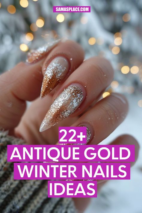 A soft gold-to-silver ombré on pointed nails brings a frosty elegance to this look. The gradient effect combined with the subtle sparkle makes it a sophisticated choice for winter parties. Classy Ombre Nails, Holiday Ombre Nails, Elegant Stiletto Nails, Winter Stiletto Nails, Classy Stiletto Nails, Classy Gold Nails, Glitter Winter Nails, Gold Winter Nails, Winter Sparkle Nails