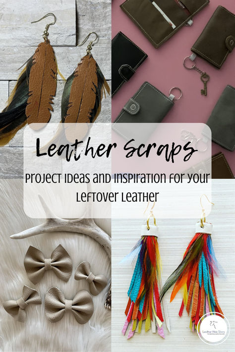 A picture of earrings, bows, and wallets with the writing "Leather Scraps, project ideas and inspiration for your leftover leather" Cricut Maker 3 Leather Projects, Diy Leather Projects Free Pattern, Scrap Leather Projects Diy, Simple Leather Projects, Leather Scrap Projects, Easy Leather Projects, Scrap Leather Projects, Small Leather Projects, Diy Leather Gifts