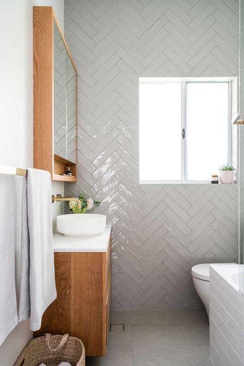 Subway-feature-tile Chevron Bathroom Tile, Tile Bathroom Vanity, White Herringbone Tile Bathroom, Chevron Tile Bathroom, Bathroom Herringbone Tile, Tile Feature Wall, Victorian Remodel, Herringbone Bathroom, Herringbone Tile Bathroom