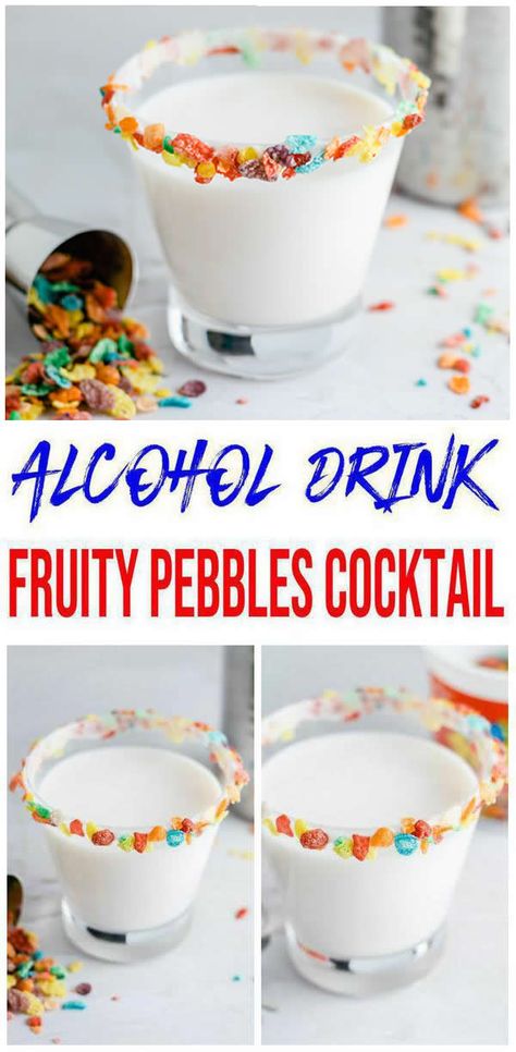 cocktail glass with Fruity Pebbles cereal on rim & Fruity Pebbles cocktail inside glass Fruity Pepples, Unique Alcoholic Drinks, Hard Drinks, Fruity Alcohol Drinks, Rainbow Drinks, Fruity Pebbles Cereal, Pebbles Cereal, Pool Diy, Fun Drinks Alcohol