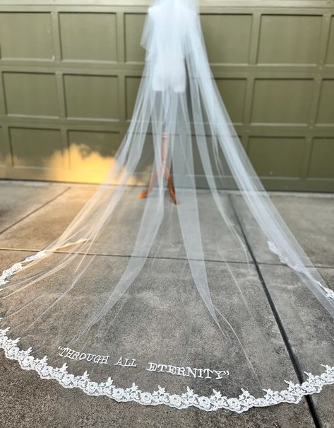 A striking study in grace and drama, this personalized embroidered wedding veil will be just as dramatic as Hailey Bieber’s! An elegant, sleek silhouette with an oversized embroidered monogram, phrase, lyric, or other custom word at the bottom gives this bridal veil an elegant personalized touch.