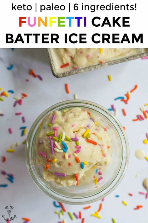 It's always a party with this healthy Paleo & Keto Funfetti Cake Batter Ice Cream. This dairy-free funfetti ice cream has just 6 nourishing ingredients and is so quick and easy. I'm pretty sure this keto cake batter ice cream will become your new favorite homemade ice cream recipe! #allthenourishingthings #keto #paleo #dairyfree #homemadeicecream #funfetti #birthdaycake #cakebattericecream Keto Cake Batter, Funfetti Ice Cream, Dairy Free Birthday Cake, Dairy Free Popsicles, Paleo Dessert Recipes Easy, Keto Birthday, Homemade Ice Cream Recipe, Cake Batter Recipes, Cake Batter Ice Cream