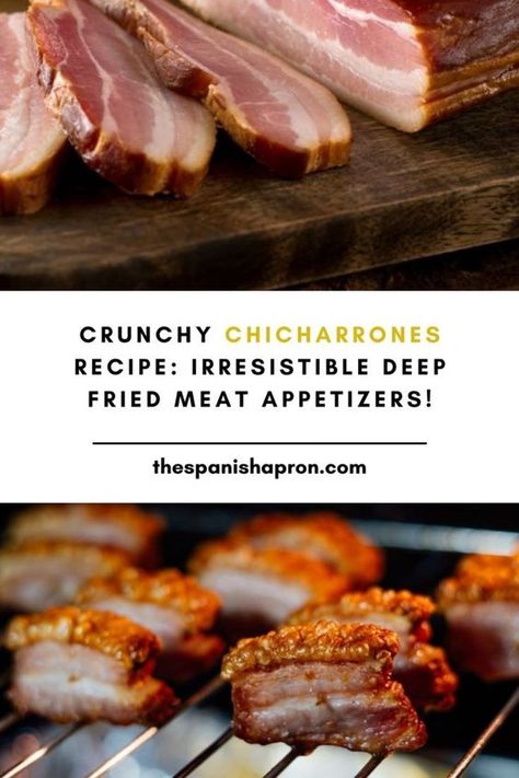 Satisfy your cravings with our delectable chicharrones recipe! These crispy, deep-fried meat appetizers are a flavor-packed delight that'll have you coming back for more. Learn how to create these Spanish-inspired chicharrones from braised pork belly, resulting in the ultimate crunchy perfection. Elevate your snack game with this authentic chicharrones recipe. Ready to Crunch? Try the Recipe Now and Delight Your Senses! 👉Try the Recipe Now! #Chicharrones #MeatAppetizers #SpanishRecipes Pork Chicharrones Recipe, Chicharrones Recipe, Spanish Tapas Recipes, Fried Bacon, Spanish Appetizers, Braised Pork Belly, Pork Belly Recipes, Tapas Recipes, Meat Appetizers