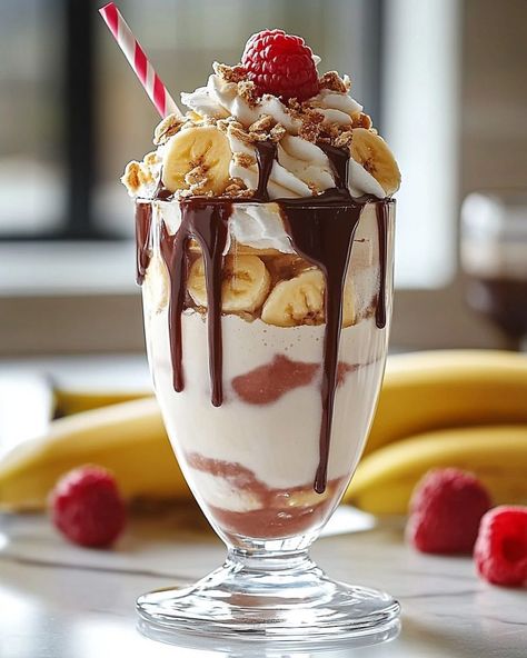 WOULD YOU EAT THIS TREMENDOUS 🍌🍦 Banana Split Milkshake 🍦🍌 "A creamy, decadent twist on a classic dessert, perfect for family fun or a solo indulgence!" 🍽️ Ingredients 🍽️ - 2 large bananas, sliced - 2 scoops vanilla ice cream - 2 scoops chocolate ice cream - 2 scoops strawberry ice cream - 1 cup milk (dairy or non-dairy) - 1/4 cup chocolate syrup - 1/4 cup strawberry syrup - 1/4 cup caramel syrup - Whipped cream for topping - Fresh raspberries for garnish - Fresh banana slices for garnish ... Food Reference, Banana Split Dessert, Milk Dairy, Banana Slices, Strawberry Syrup, Caramel Syrup, Fresh Raspberries, Milk Shake, Clean Bedroom