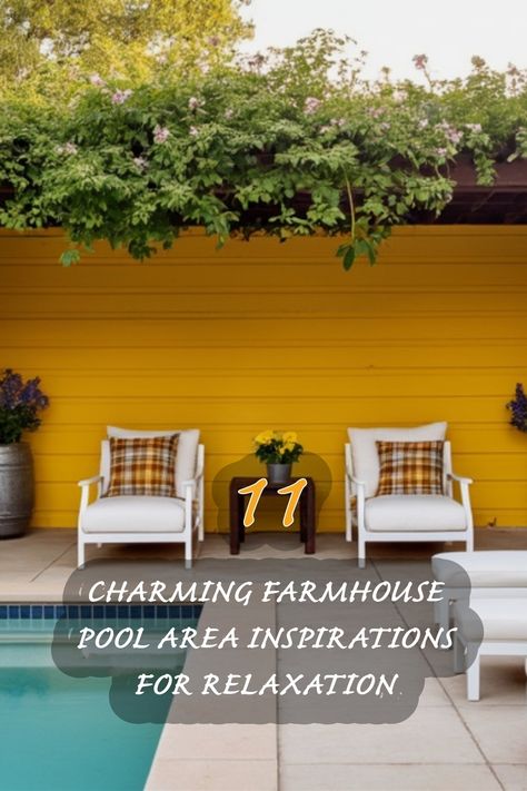 I'm absolutely in love with this charming farmhouse pool area! The vibrant yellow backdrop paired with cozy seating makes it the perfect spot for relaxation and gatherings. The lush greenery overhead adds a touch of nature, while the color scheme is both inviting and refreshing. Discover how to create your own serene retreat by sipping lemonade poolside! Pool House Decorating Ideas, Pool Patio Decorating Ideas, Pool Area Design, Farmhouse Pool, Japandi Dining Room, Japandi Dining, Farmhouse Design Ideas, Organic Modern Kitchen, Pool House Decor