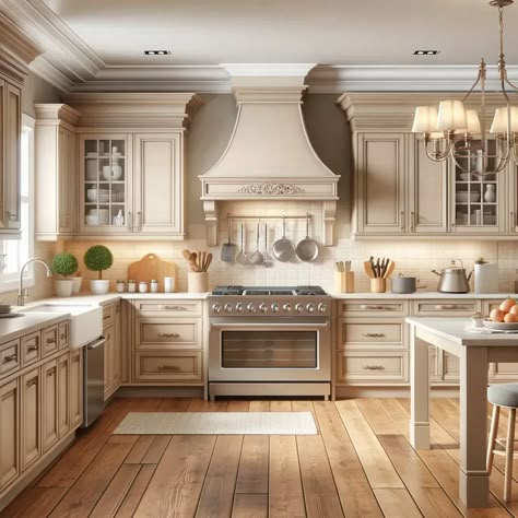 beige kitchen cabinets Distressed Cream Kitchen Cabinets, Ivory Kitchen Cabinets Color Palettes, Beige Cabinets Kitchen, Kitchen Cabinet Makeovers, Colors Of 2023, Cream Colored Kitchen Cabinets, Blue Gray Kitchen Cabinets, Farmhouse Kitchen Countertops, Beige Kitchen Cabinets