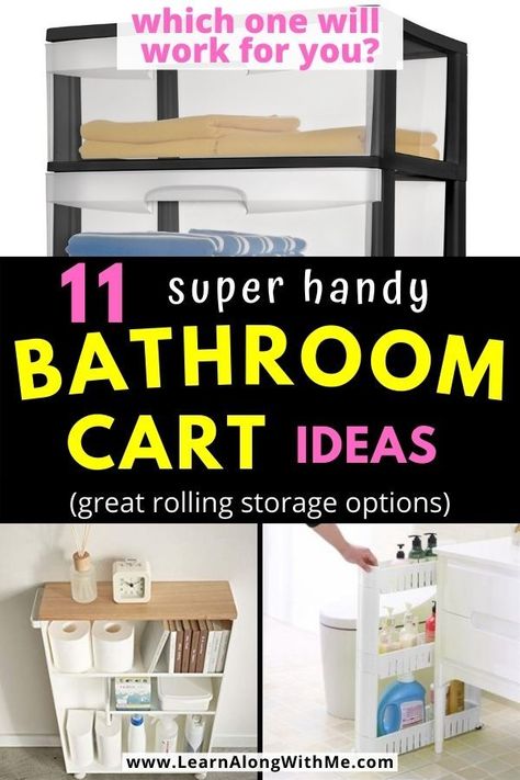 Bathroom cart ideas for storage...bathroom carts allow you to easily move the storage cart out of the way so you can clean behind it or position it out of the way when needed. Bathroom Cart Ideas, Bathroom Caddy Ideas, Bathroom Organization Ideas Countertops, Storage Ideas For Small Bathrooms, Ideas For Bathrooms, Bathroom Cart, Slim Bathroom, Organization Hacks Bedroom, Small Pantry Organization